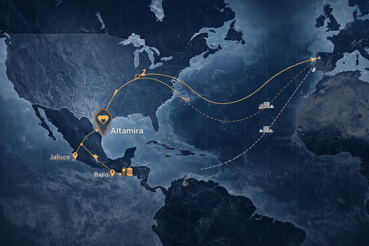 Mapa logístico del Golfo de México con conexión a Estados Unidos y Europa